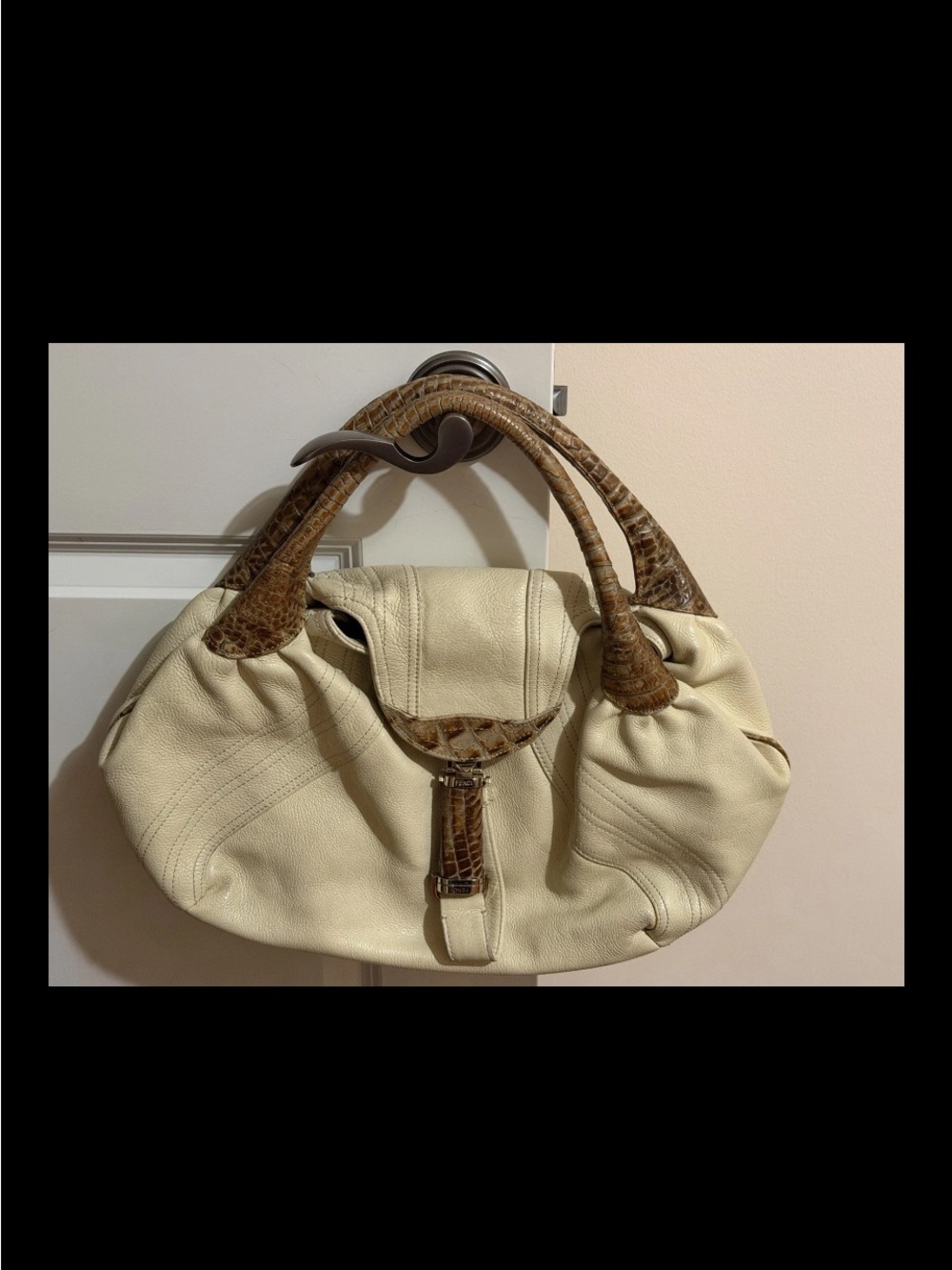 Fendi Spy Cream Leather Shoulder Bag with Brown Croc-Effect Trim
